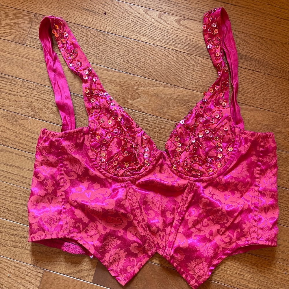 RARE Vintage Victoria’s Secret beaded satin pink corset bra top size Small